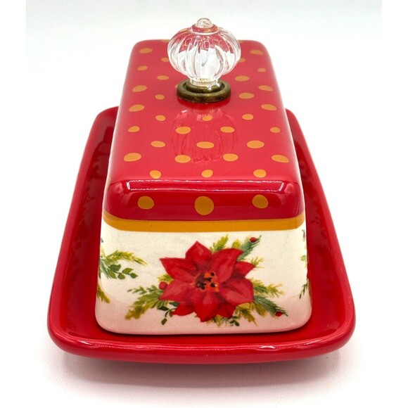 Pioneer Woman Holiday Cheer Red Gold Poinsettias Stoneware Covered Butter Dish - Picture 2 of 16